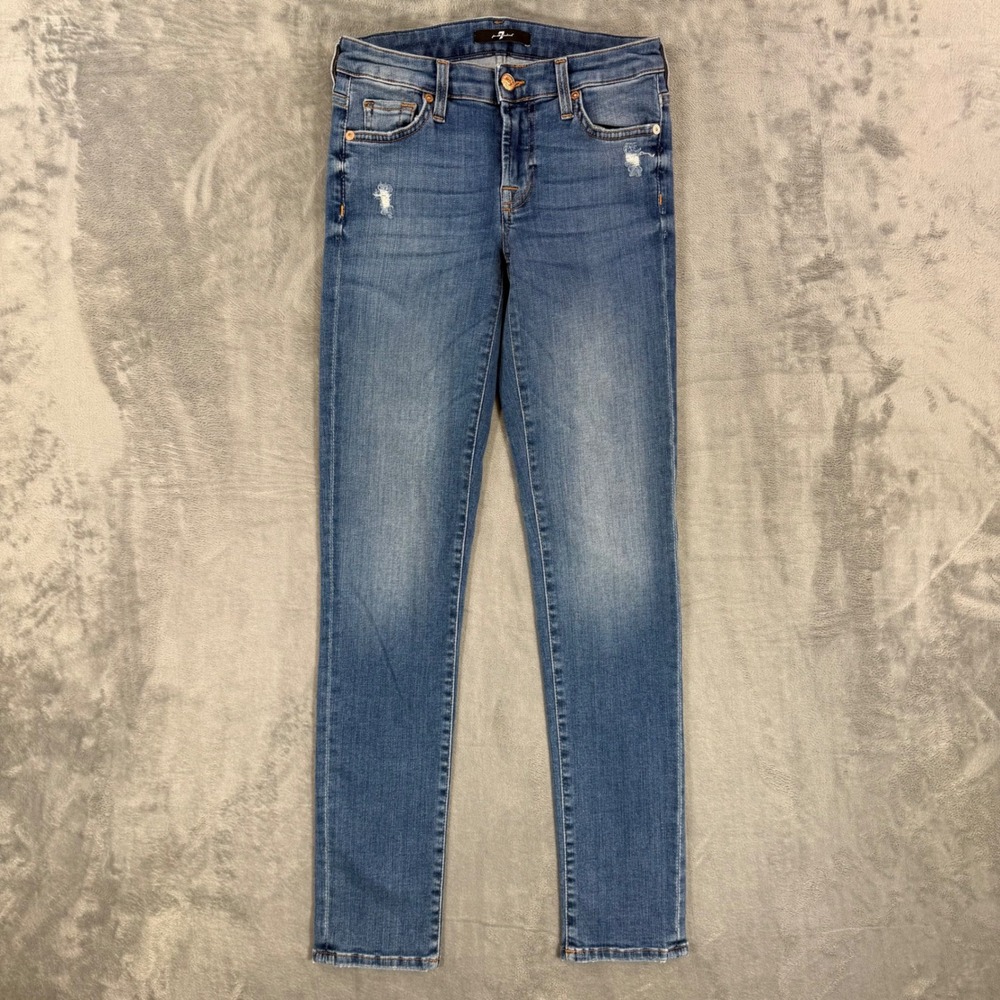 7 For All Mankind Skinny Jeans Women's Size 24 Blue Medium Wash Distressed Denim